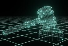 رمز العدالة بتصميم رقمي - صورة تعبيرية عن التحول الرقمي والذكاء الاصطناعي في القضاء الفرنسي