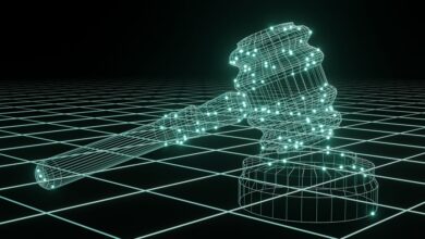 رمز العدالة بتصميم رقمي - صورة تعبيرية عن التحول الرقمي والذكاء الاصطناعي في القضاء الفرنسي