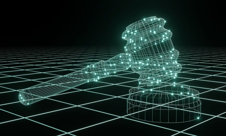 رمز العدالة بتصميم رقمي - صورة تعبيرية عن التحول الرقمي والذكاء الاصطناعي في القضاء الفرنسي