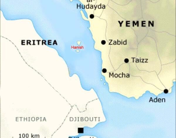 موقع جزر حنيش في البحر الأحمر